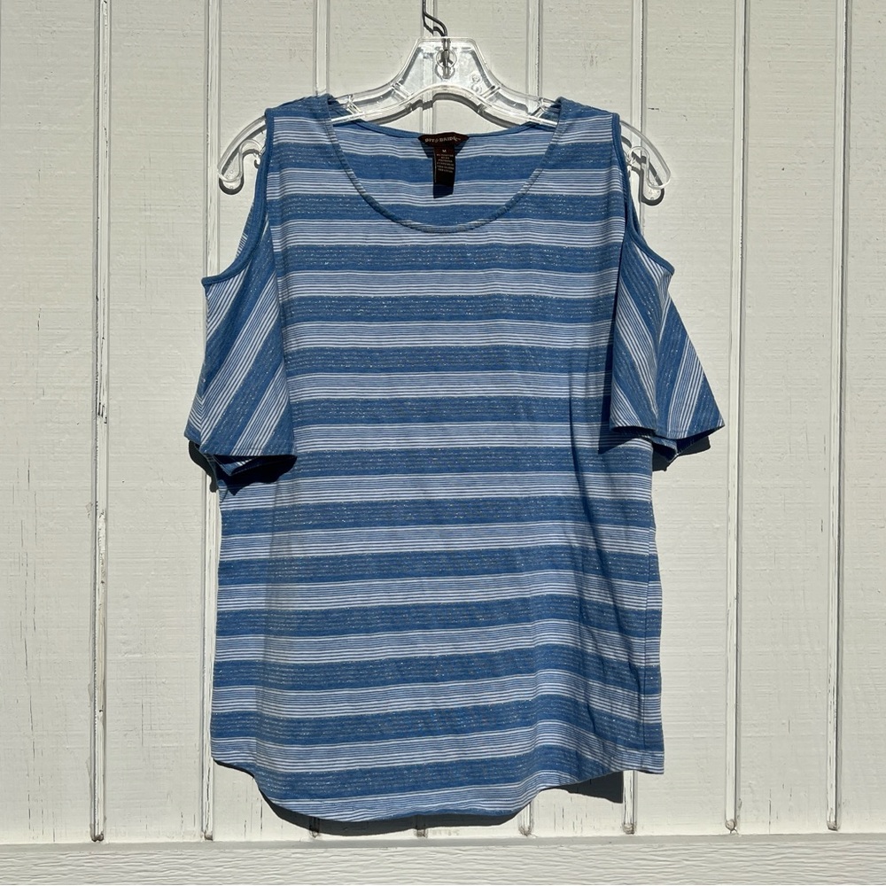 Bit & Bridle: Blue and White Metallic Cold Shoulder Sleeve Top. Women’s Size M.